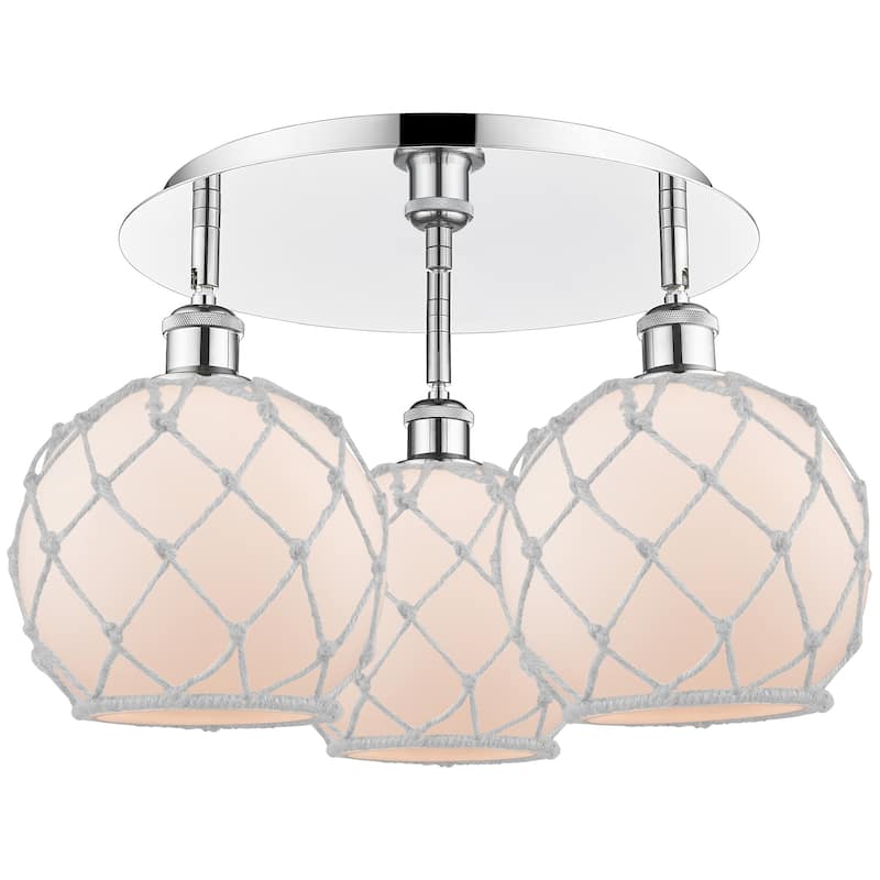 Innovations Lighting 516-3C-12-20 Farmhouse Rope Semi-Flush Farmhouse - Polished Chrome / White Glass with White Rope