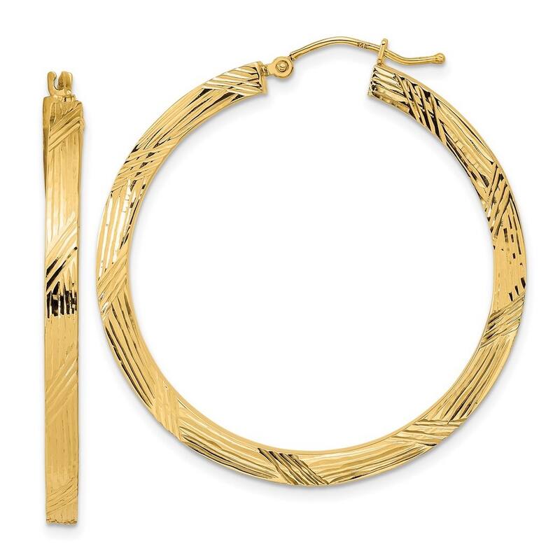 Curata 14k Yellow Gold Polished and Textured Hoop Earrings 41.43x3mm