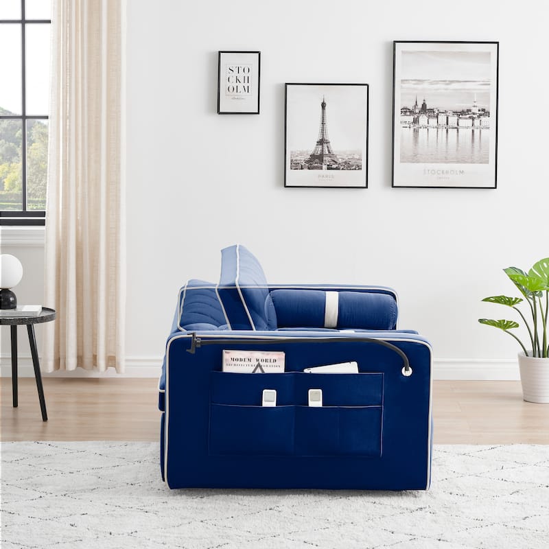 Blue 55'' Convertible 2-Seater Velvet Sleeper Sofa with Pull-Out Bed, Adjustable Recliner, Side Pockets, and Phone Holder