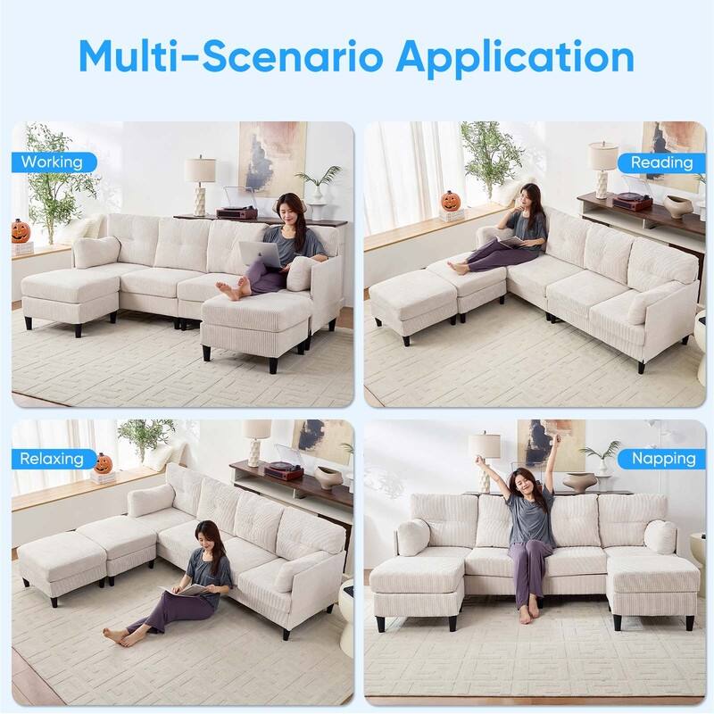Mixoy Corduroy U-Shape Modular Convertible Sectional Sofa,Upholstered 4-Seater Sofa Couch with Movable Ottoman