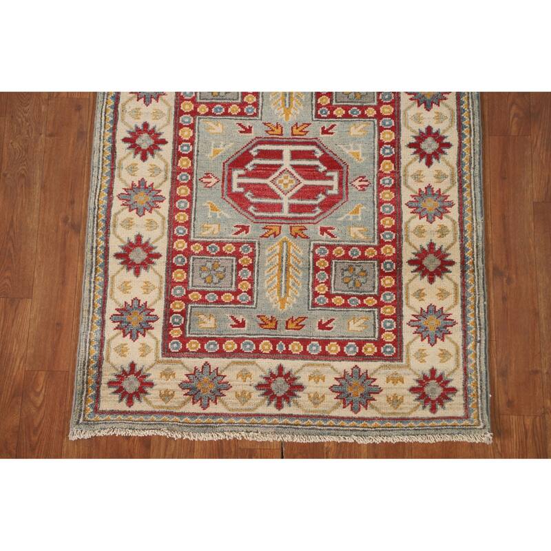 Geometric Kazak Runner Rug Hand-Knotted Wool Carpet - 2'8" x 13'6"