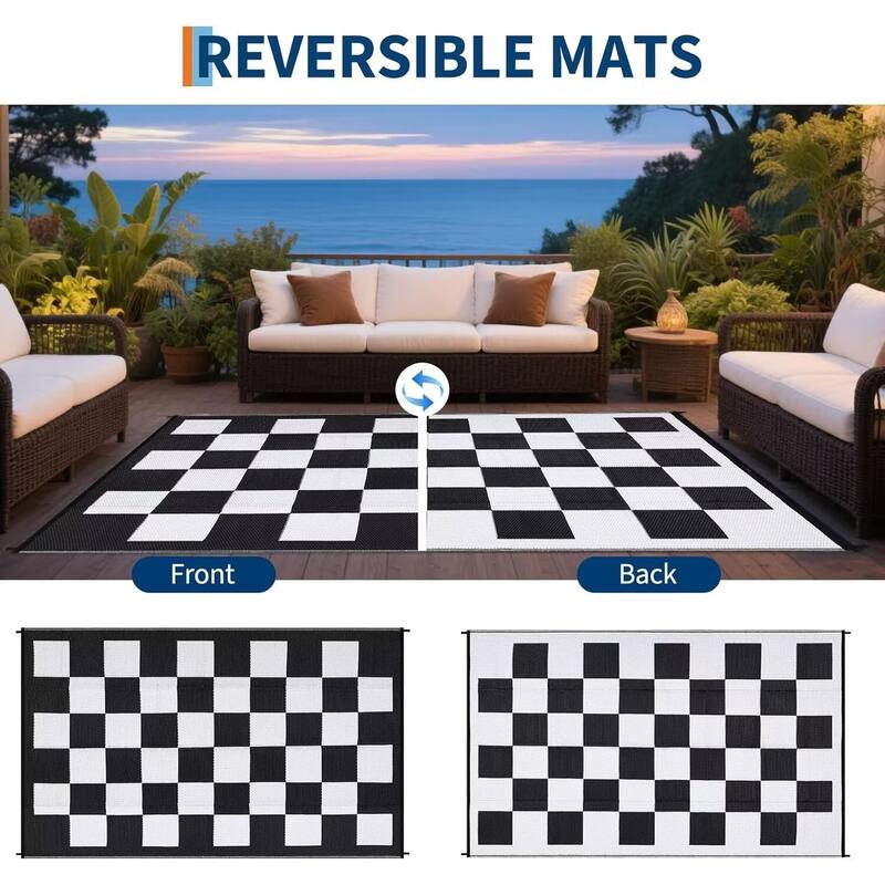 Outdoor Rug Checkerboard Geometric Plaid Pattern, Waterproof Plastic Straw Rug, UV Resistant Foldable Outdoor Rug