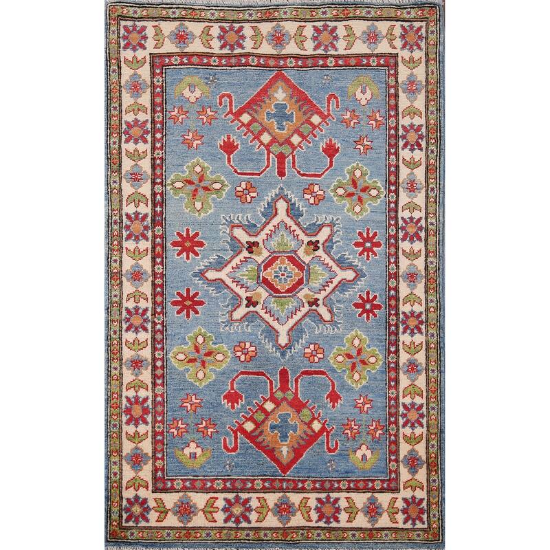 Light Blue Kazak Accent Rug Handmade Wool Carpet - 3'3" x 5'1"
