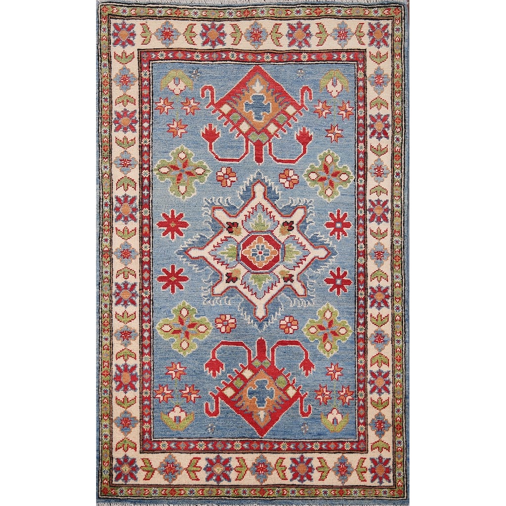 Light Blue Kazak Accent Rug Handmade Wool Carpet - 3'3" x 5'1"