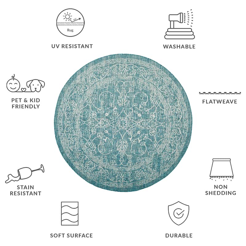 SAFAVIEH Courtyard Hasina Indoor /Outdoor Waterproof Patio Backyard Rug - 6'7" Round - Turquoise