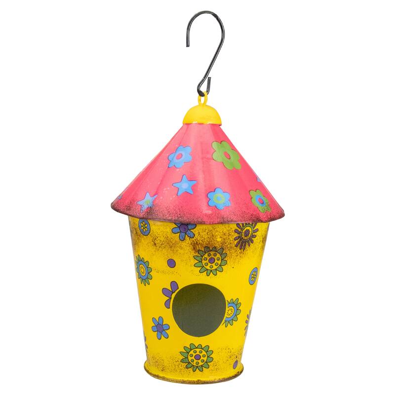 7.75" Red and Yellow Metal Birdhouse with Flowers