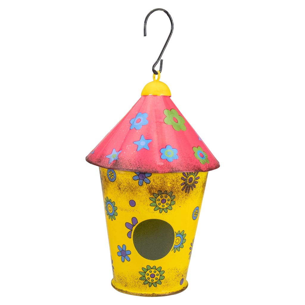 7.75" Red and Yellow Metal Birdhouse with Flowers