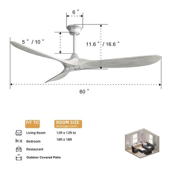 dimension image slide 7 of 15, Sofucor 52''/60" Large Ceiling Fan without Lights, Remote Control and Reversible Motor Included, Smart Optinal