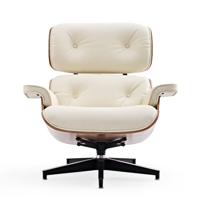 Mid-century Modern Lounger Real Leather Arm Chair and Ottoman Set - Standard - Walnut&Beige