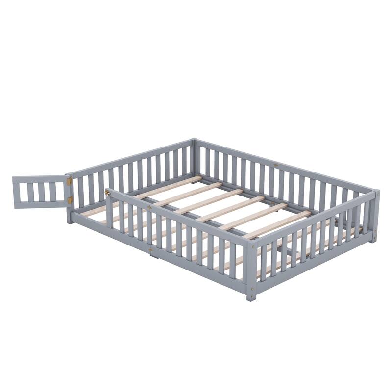 Twin/Full/Queen Size Floor Bed with Safety Guardrails for Kids, Wood Montessori Bedframe w/ Door, Children's Noiseless Beds