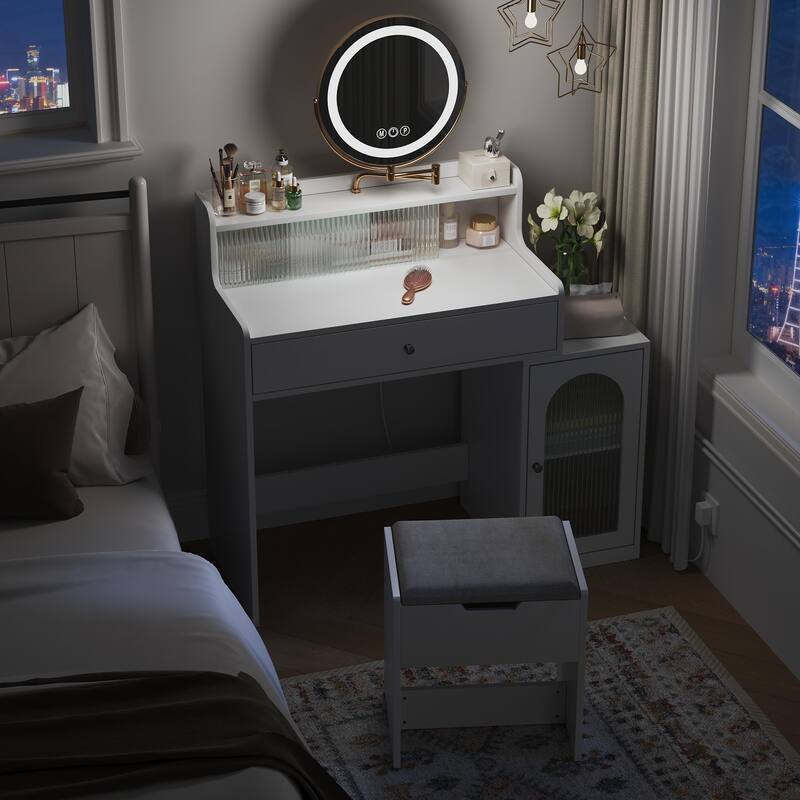 White Vanity Desk with 360° Rotated Mirror and Adjustable Lights, Girls Makeup Vanity Table with Storage Chair and Side Cabinet