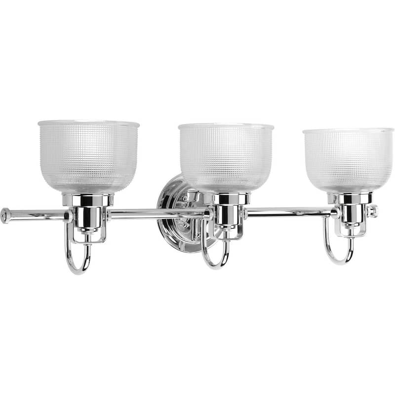 Archie Collection Three-Light Polished Chrome Clear Double Prismatic Glass Coastal Bath Vanity Light - 8.75" x 26.25" x 7.25"
