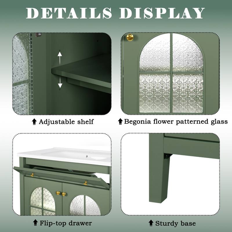 35.6" Mid-Century Bathroom Vanity Sink with Patterned Glass & Motion-sensor Light Strip, Freestanding