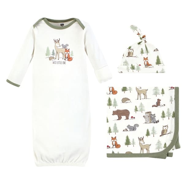 slide 1 of 1, Hudson Baby Infant Boy Gown, Swaddle Blanket and Cap or Headband, Forest Animals, 0-6 Months - Forest Animals 0-6 Months - Forest Animals