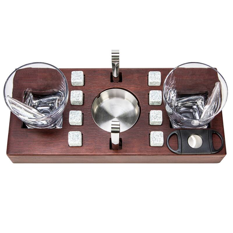 Whiskey Glasses With Mounted Cigar Rest & accessories -14 pcs
