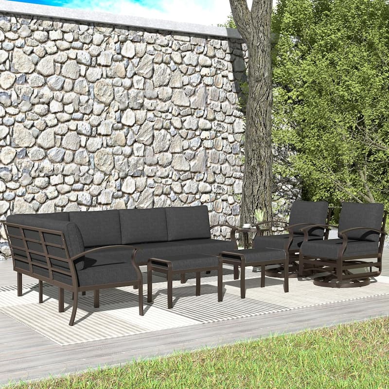 Kullavik Aluminum Corner Sofa Set, Patio Outdoor Sectional Sofa Set with Armrests and Footrests - 10 Seats/Swivel - Black