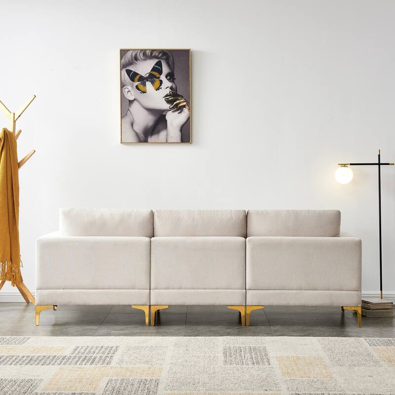 92'' Fabric L-Shape 3-Seater Sofa with Ottoman, Gold Metal Legs, and Toss Pillows