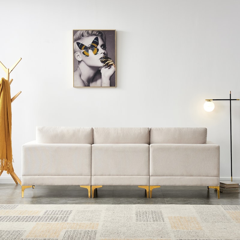 Beige 92'' Turquoise L-Shaped 3-Seater Sofa with Ottoman, 2 Pillows, Gold Metal Legs, and Polyester Fabric
