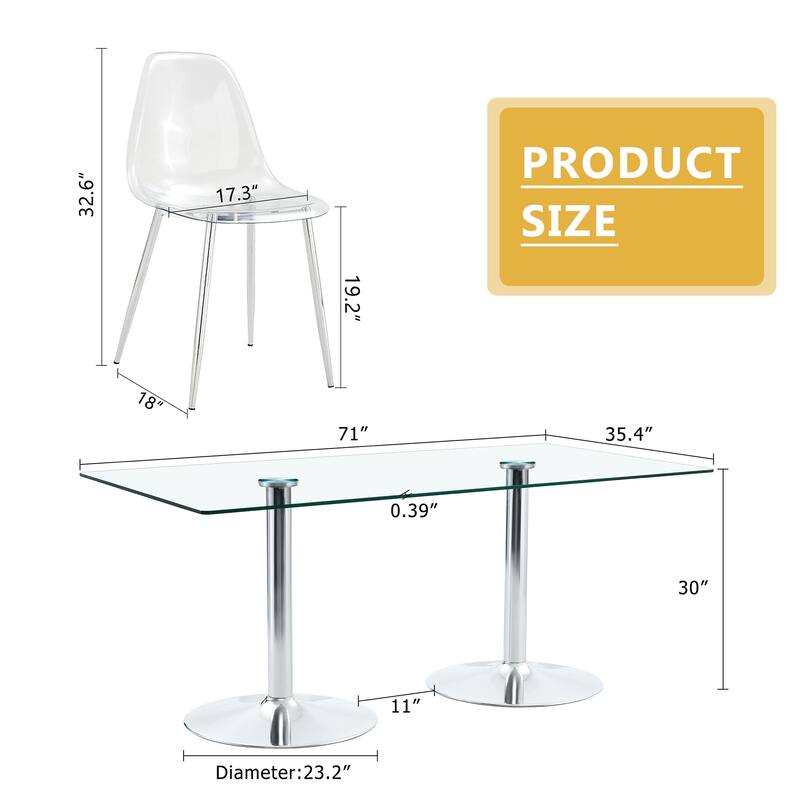 71" Dining Table Set for 6-8, Rectangular Kitchen Table with Transparent Plastic Chairs, Modern Glass Dining Room Table Set
