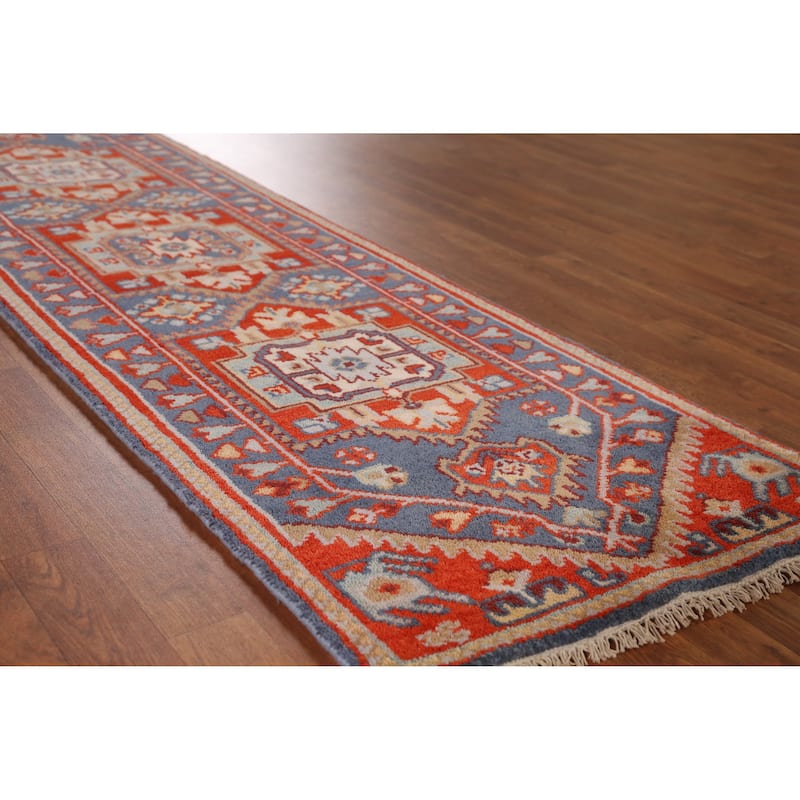 Blue Geometric Heriz Serapi Indian Runner Rug Hand-Knotted Wool Carpet - 2'4" x 7'11" - Blue - 2'4" x 7'11"