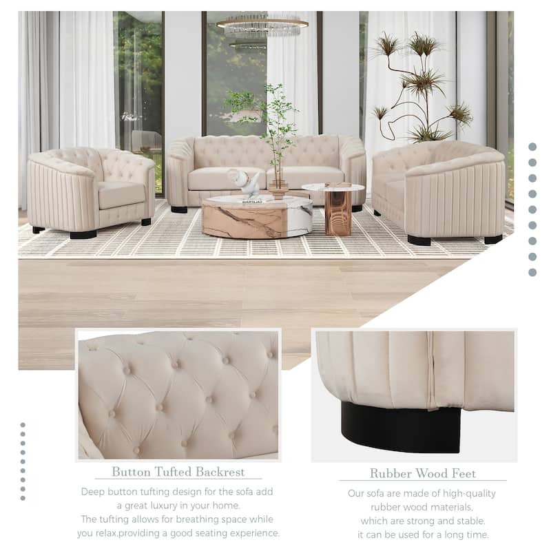 3-Pieces 6-Seat Velvet Sofa Set (3+2+1) with Rubber Wood Legs & Tufted Back