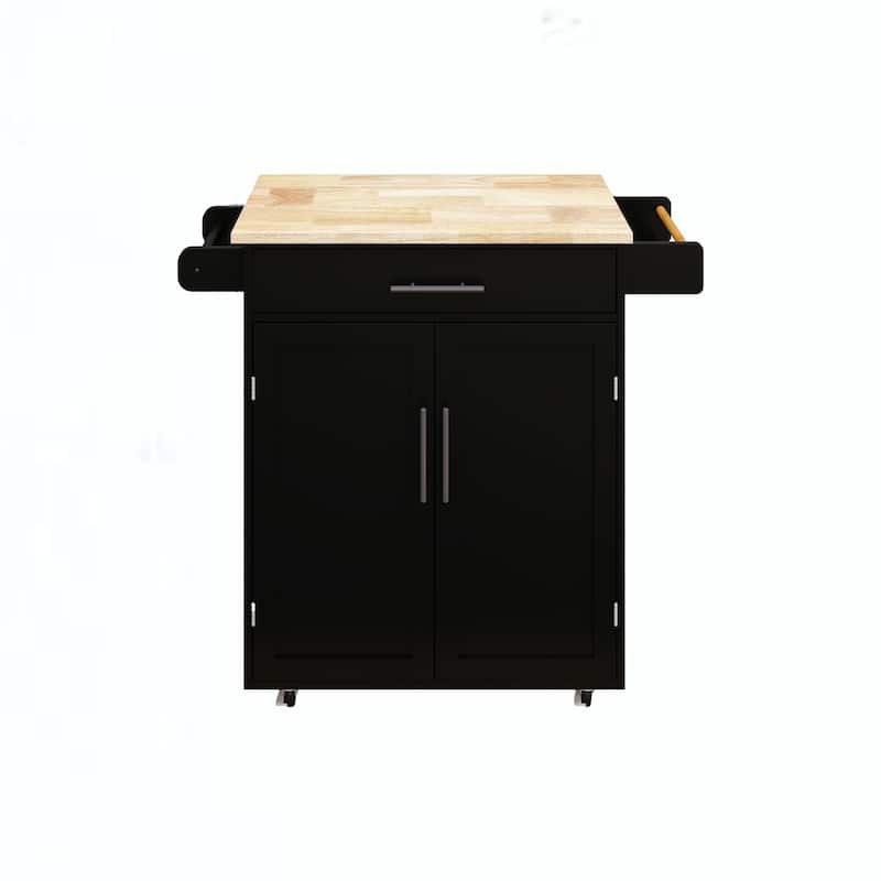 Modern Kitchen Island with Rubber Wood Table Top 1 Drawer, Adjustable Shelves, Towel Rack and Seasoning Rack, for Kitchen