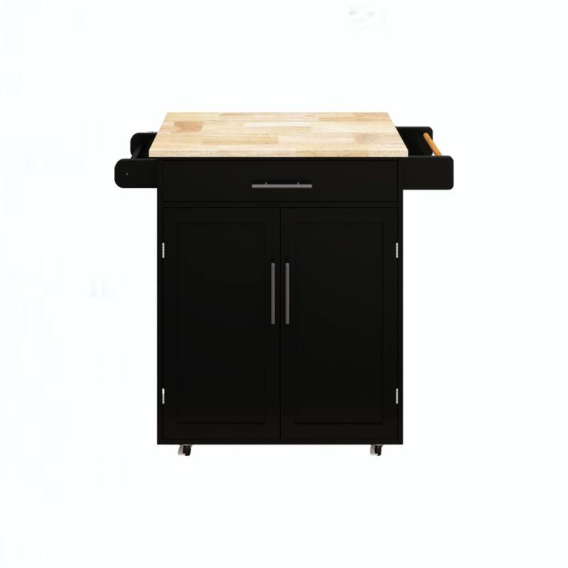 Rolling Kitchen Island with Rubber Wood Table Top, Kitchen Island Cart on Wheels with Adjustable Shelf, 1 Drawer & 2 Doors