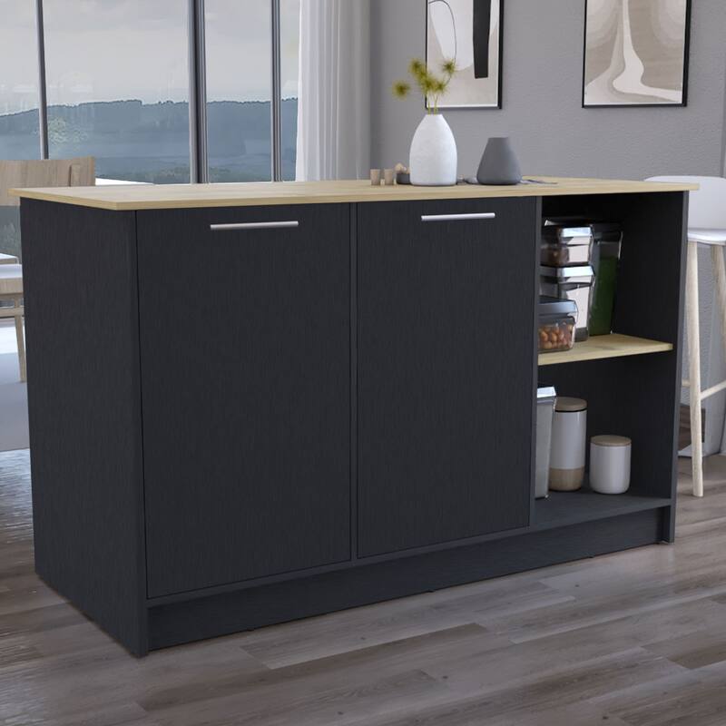 59" Kitchen Island with Large Countertop, Double-Door Cabinets, and Open Shelves, Ideal for Storage & Workspace - Brown