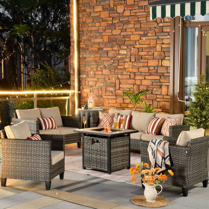 OVIOS 5-piece Patio Loveseat Wicker Set with 30" Fire Pit - Beige
