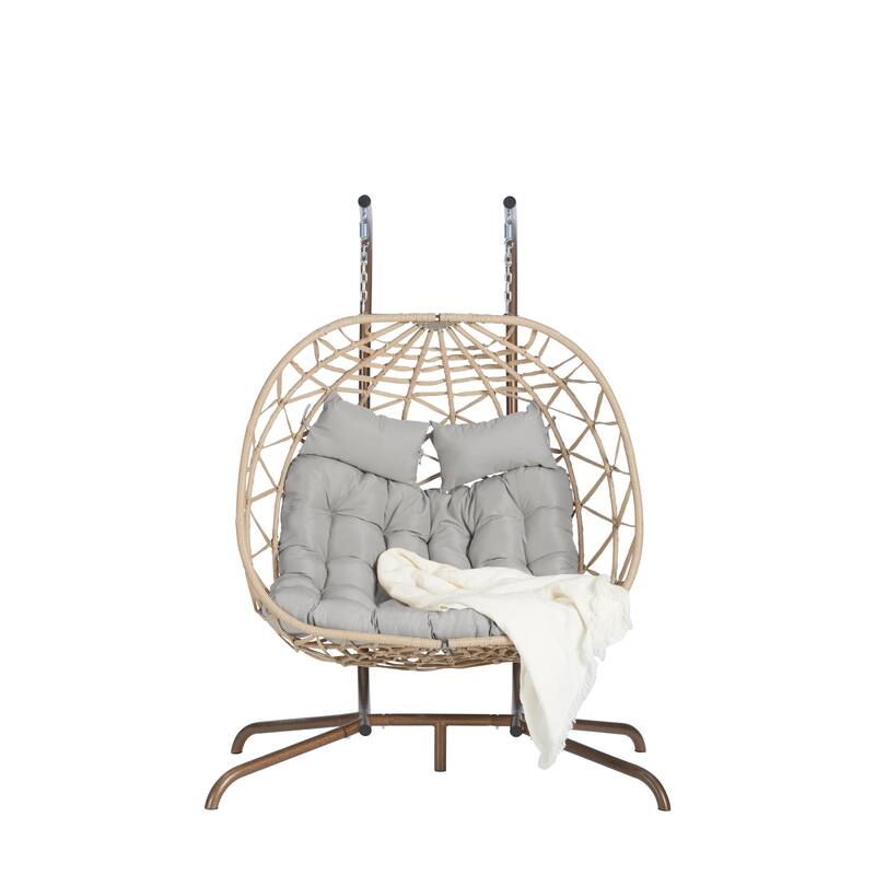 Double Rattan Egg Chair with Stand and UV-Resistant Cushions and Iron Frame - Outdoor Hanging Swing (600lb Capacity)