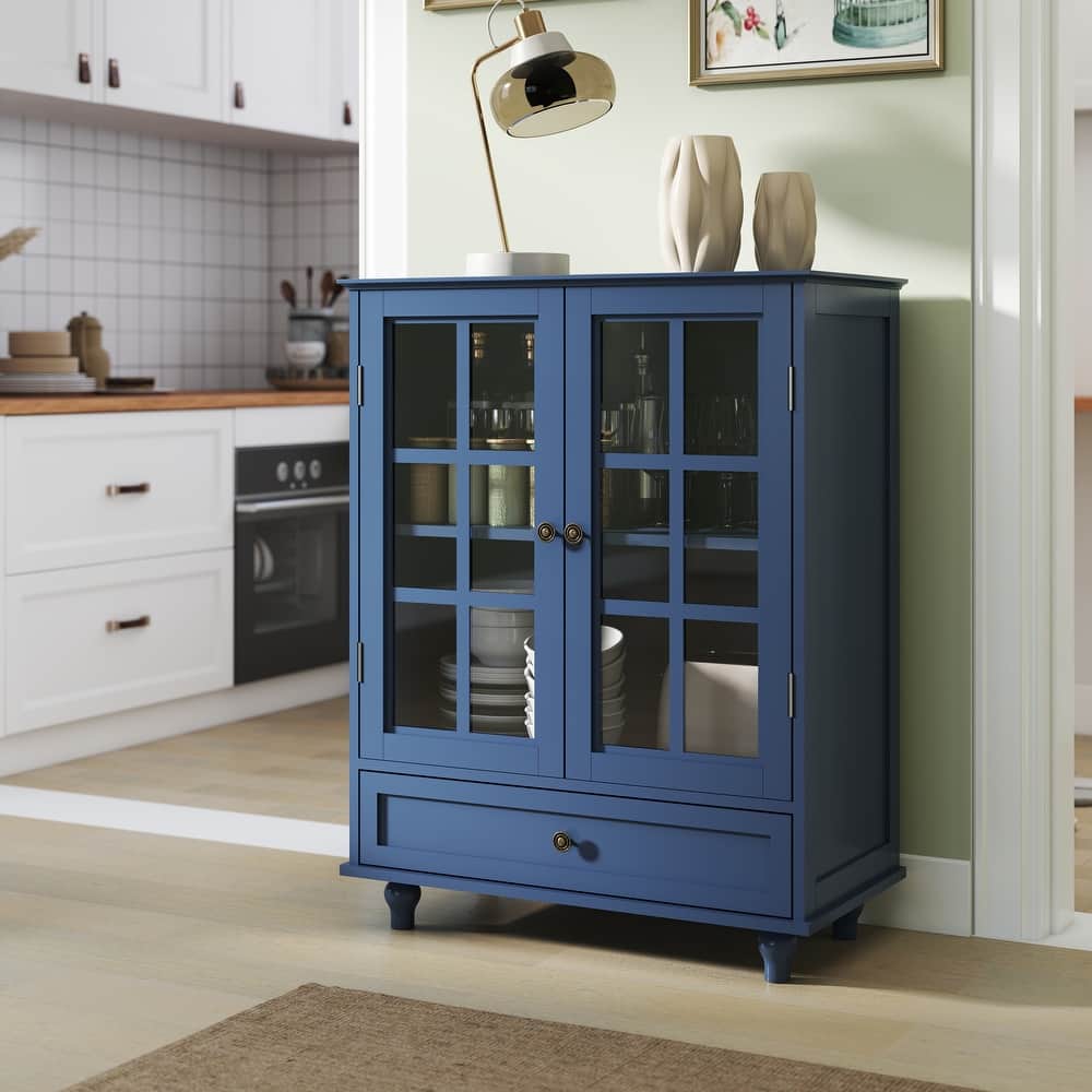 GDFStudio - Lillian Wood Buffet Cabinet with Glass Doors, Drawer, and Adjustable Storage