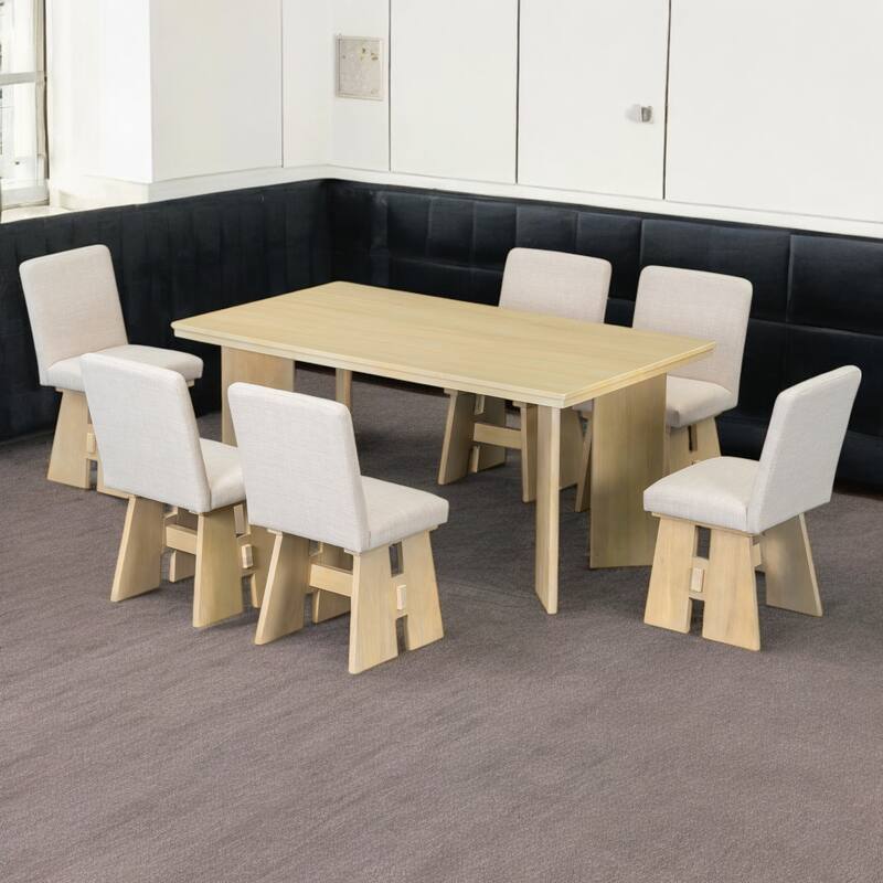 7-Piece Dining Table Set with 6 Upholstered Chairs, Solid Wood Farmhouse Design, Space-Saving, Modern Style for Dining Room