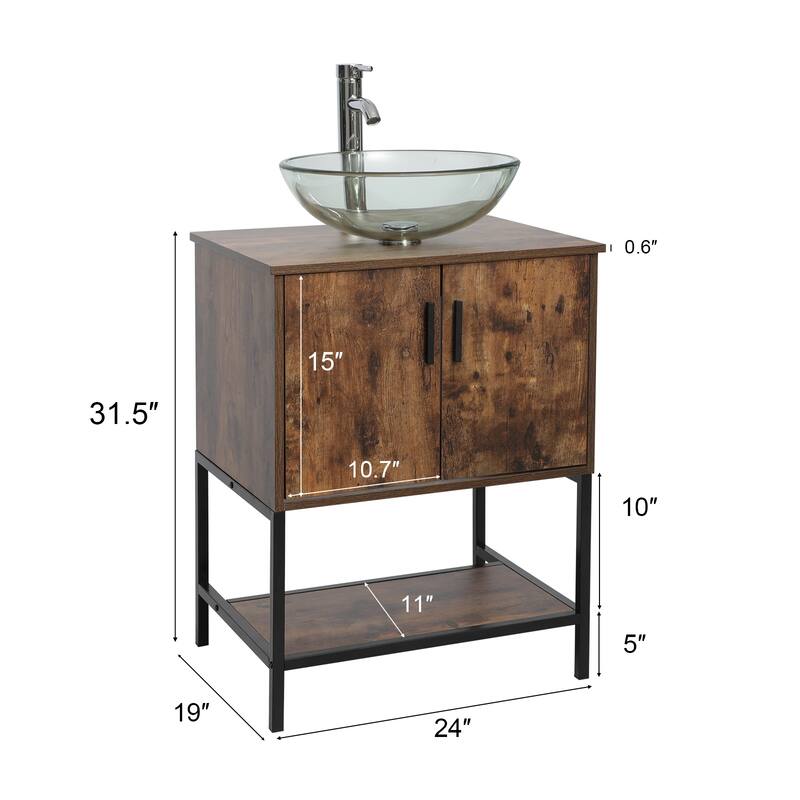 24" Bathroom Vanity Sink Set Brown Free-standing Manufactured Wood with Sink Faucet Drain Combo