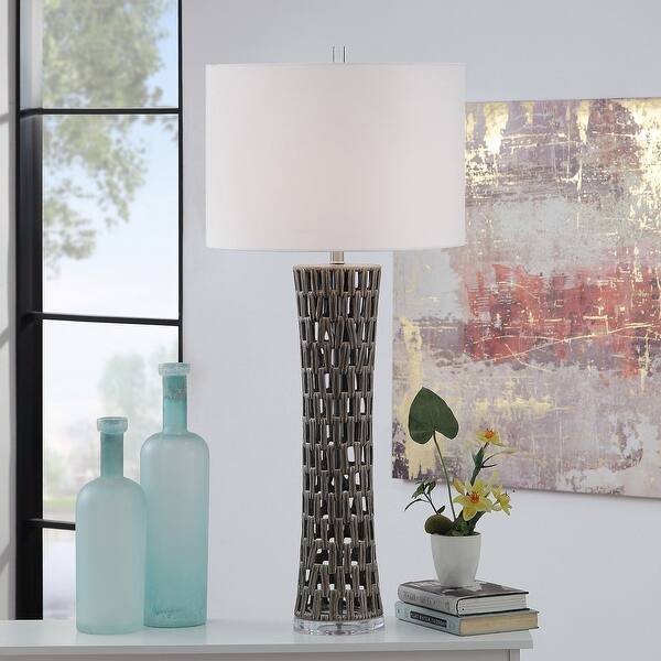 StyleCraft Epping Gray Open Work Ceramic Column Table Lamp with Acrylic