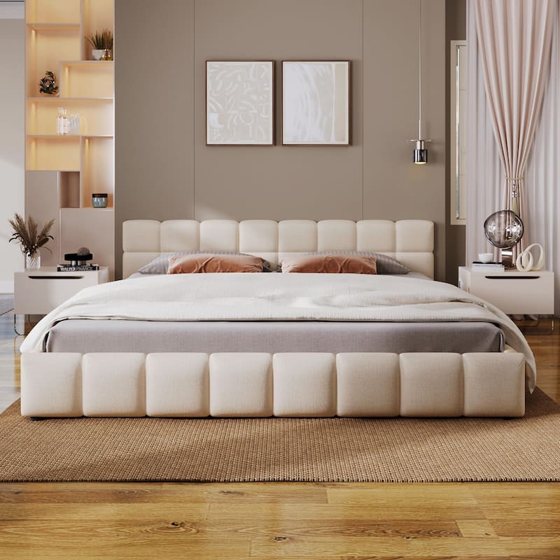 Elegant Beige Chenille Upholstered Bed with Checkerboard Pattern