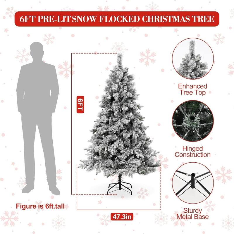 6 Ft Prelit Snow Flocked Artificial Christmas Tree with Lights for Decoration - 6FT