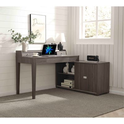 GDFStudio - Natalie L Shaped Workstation Desk with Mini Hutch, Sliding Door Credenza, USB Charging Port