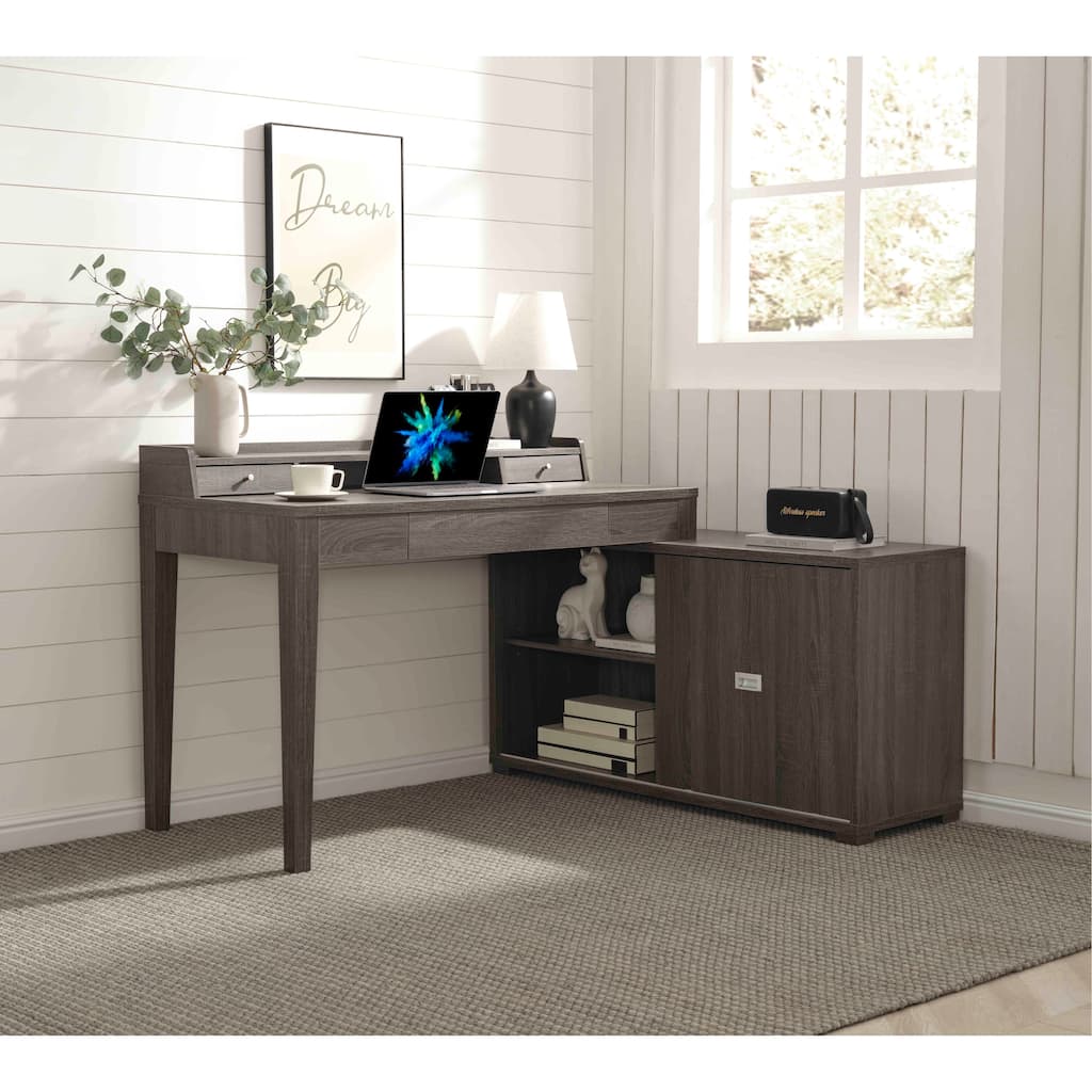 L-Shaped Workstation Home Office Desk Grey Mini Hutch Return Credenza Sliding Door Aluminum Metal Hardware