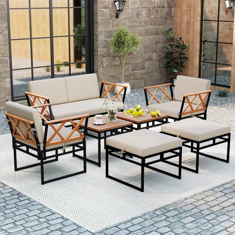 Costway 7 PCS Outdoor Conversation Set Acacia Wood Chairs & Coffee - See Details - as pic shows - See Details