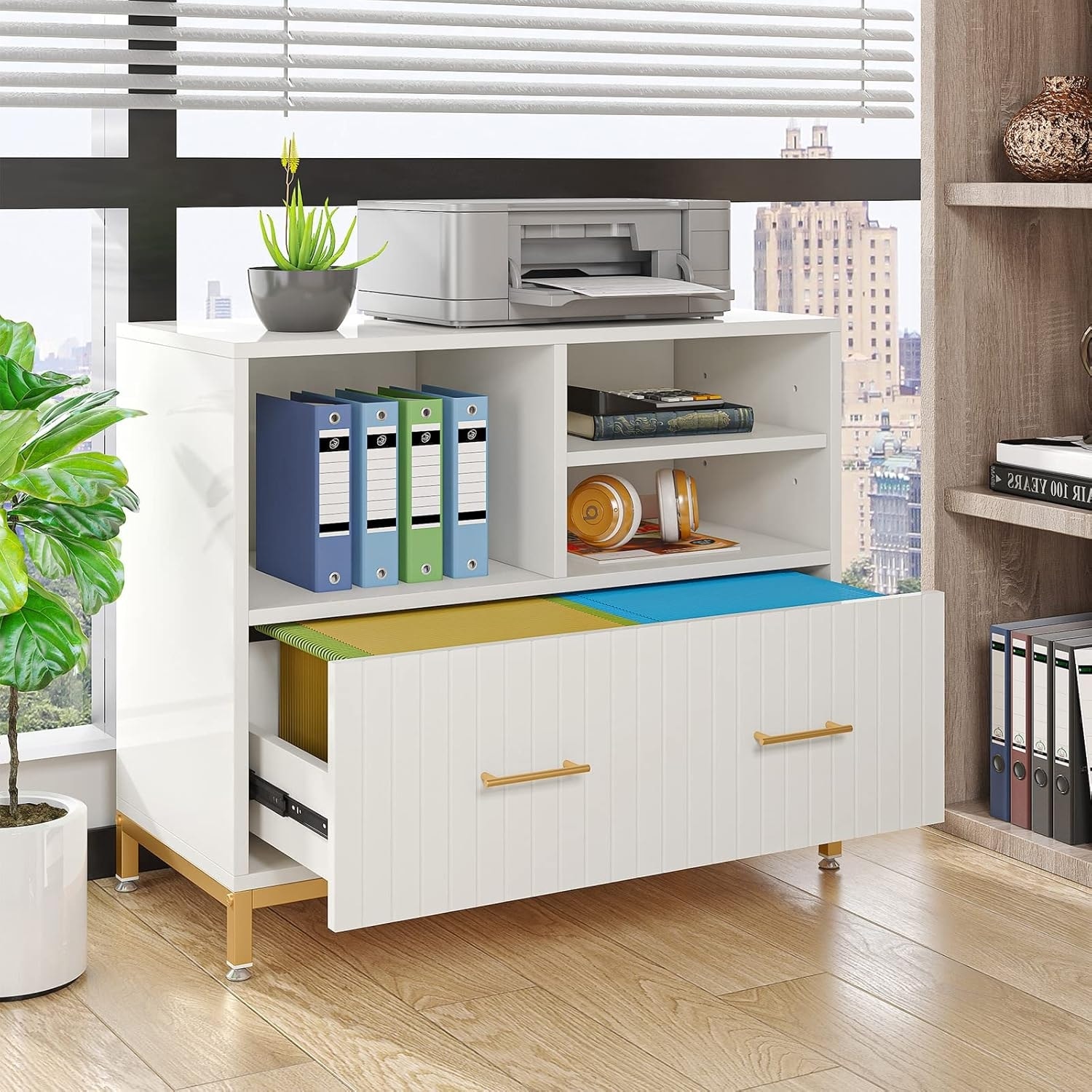 35.4 Inches White/ Gold Wood Lateral File Cabinet with Drawer & Adjustable Shelves