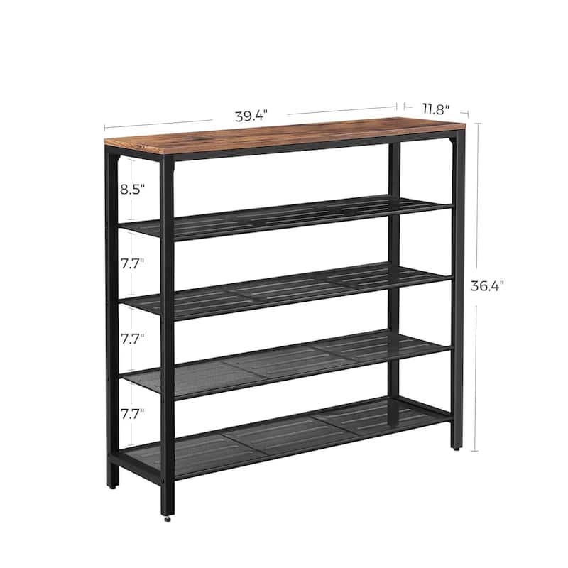 Black-Brown Metal-Wood Shoe Rack with 4 Shelves and Rustic Top Surface - 36.4'' H x 39.4'' W x 11.8''