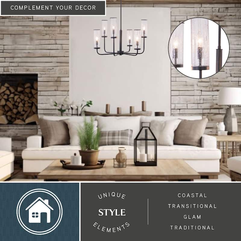 Glencoe 6 Light Matte Black Multi-Level Chandelier Clear Crackle Glass - 28-in W x 21.75-in H x 28-in D