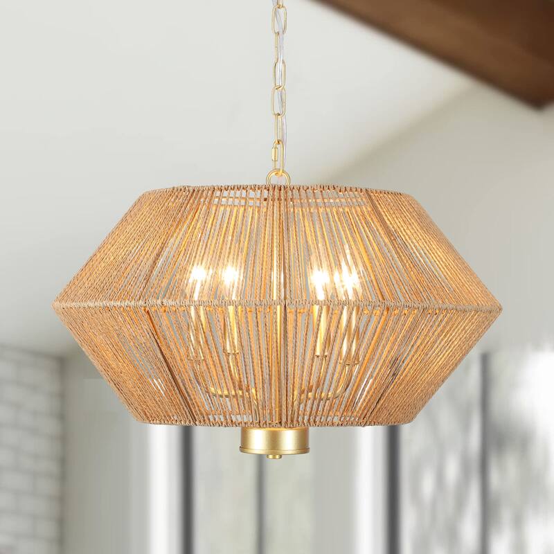 4-Light Bohemian Hand Woven Drum Chandelier Rattan Pendant - N/A - Spary Gold
