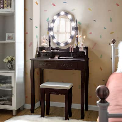 Costway Vanity Table Table 10 Dimmable Bulbs Black White Brown