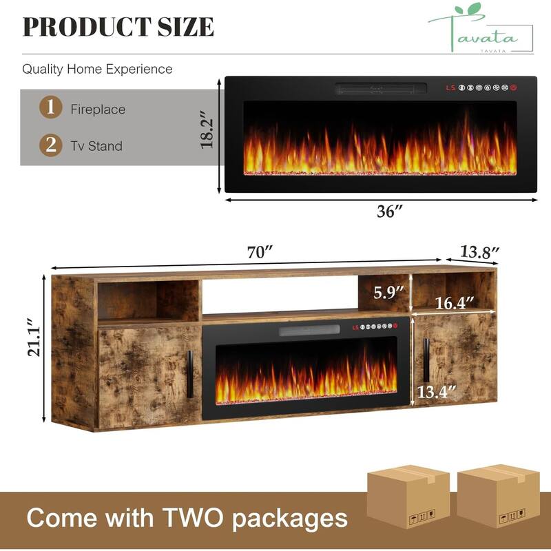 BOSSIN 70" Floating TV Stand with 36" Electric Fireplace, High Gloss Finish Wall Mounted Fireplace TV Stand with Storage