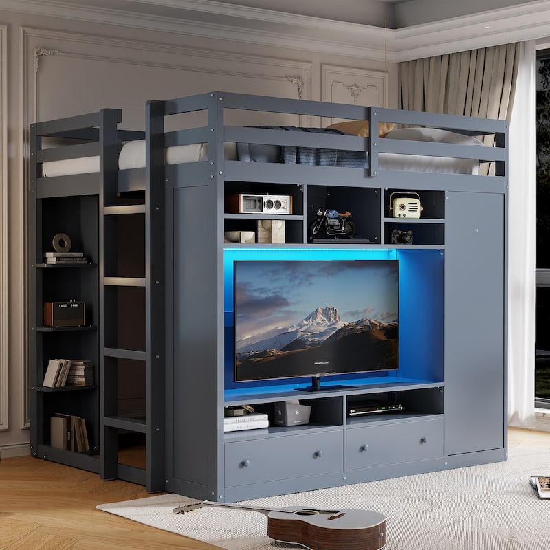 Full Size Loft Bed with Drawers, Shelves, and LED Light - Gray - Gray