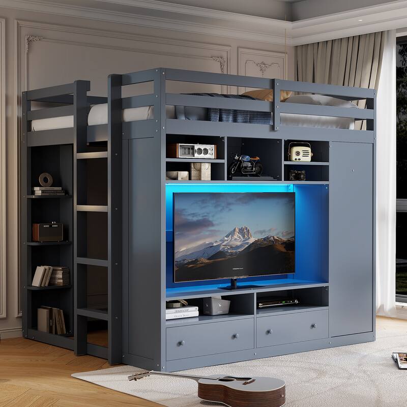 Full Size Loft Bed with Storage Drawers, Built-in Wardrobe, LED Lighting, and Shelving by Harper&Bright Designs