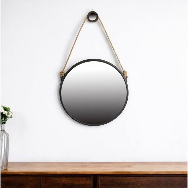 HomeRoots 30" Black Fame Round Wall Hanging Accent Mirror with Rope - 29.5 - 29.5