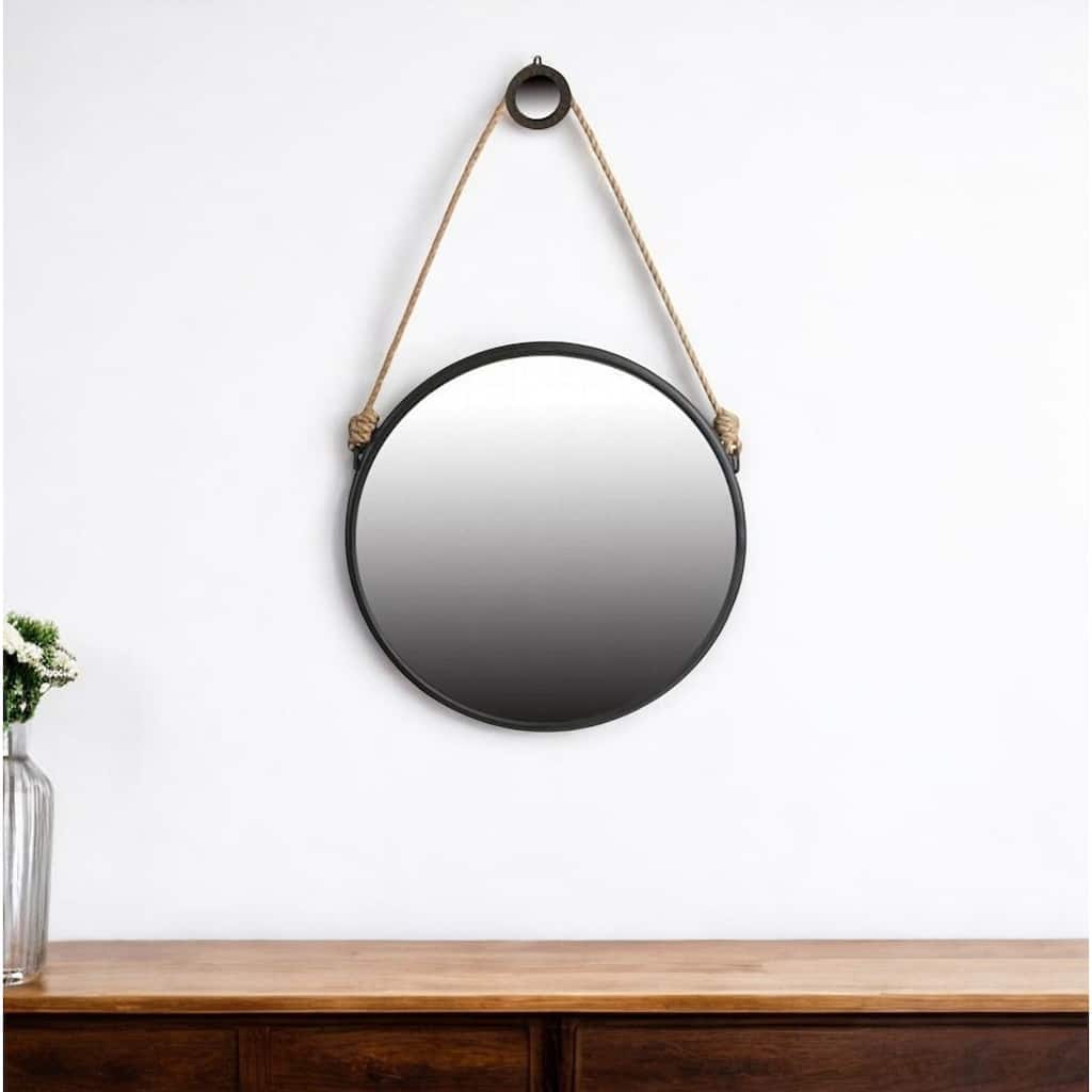 HomeRoots 30" Black Fame Round Wall Hanging Accent Mirror with Rope - 29.5