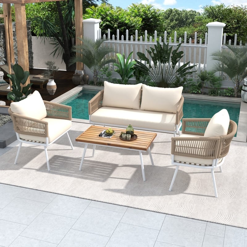 4-Piece Boho Rope Patio Set with Acacia Wood Table & Deep Seating Cushions